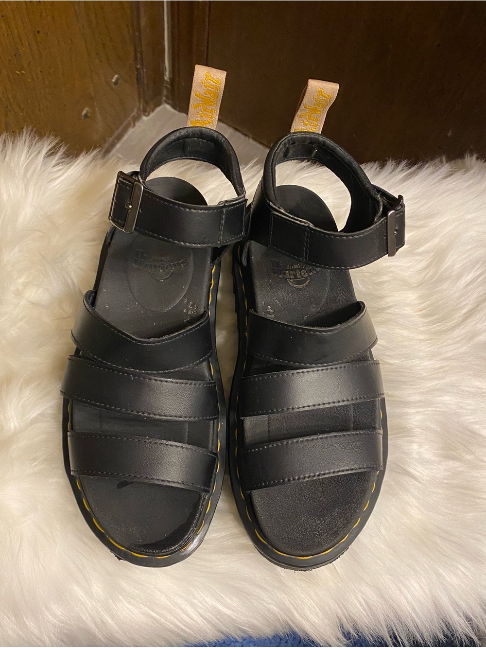 Dr. Martens Black Sandals with Yellow Heel Loop
